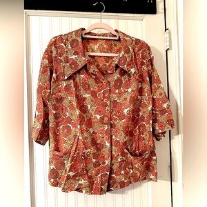 Vintage Floral Button-Front Women's Top in Rust